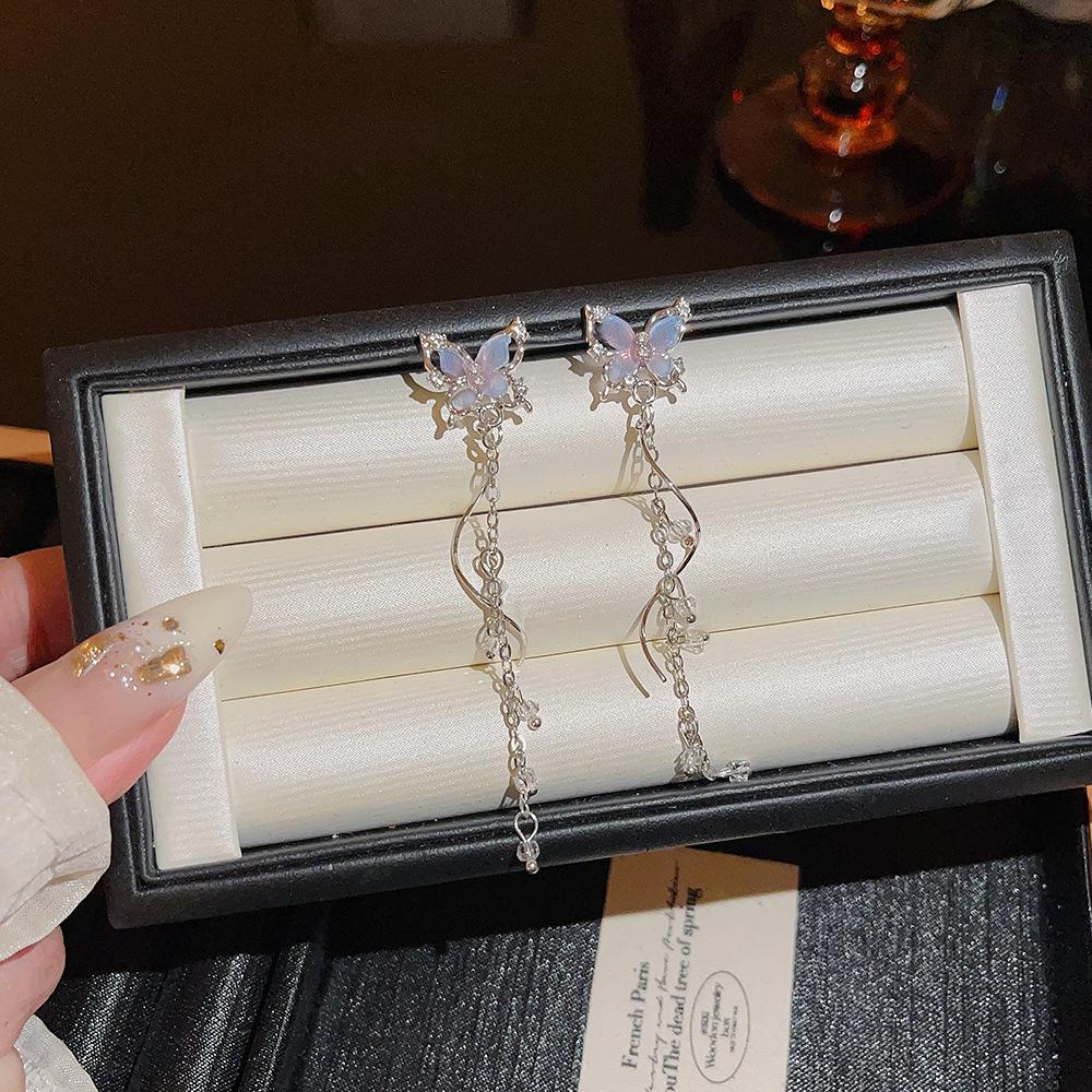 2 Pcs Cute Exquisite Shiny Crystal Butterfly Fashion Sweet Zirconia Alloy Pink Silver Color Long Tassel Earrings Wedding Jewelry
