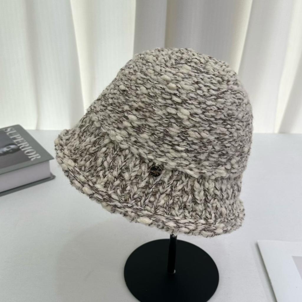 Wool blended hand-woven wool hat Women's basin hat Head protector Winter knitted hat Thickened cold-proof warm bucket hat