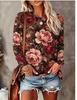 Women Long Sleeve T‑Shirt Blue Purple Poppy Watercolor Floral All‑Over Print Crew Neck Loose Casual Daily Tops
