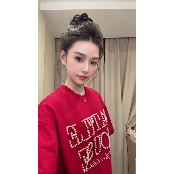 

2025 Women s Retro Beaded Letter Cotton Short Sleeve T-shirt - Summer High Street Loose Fit XL красный