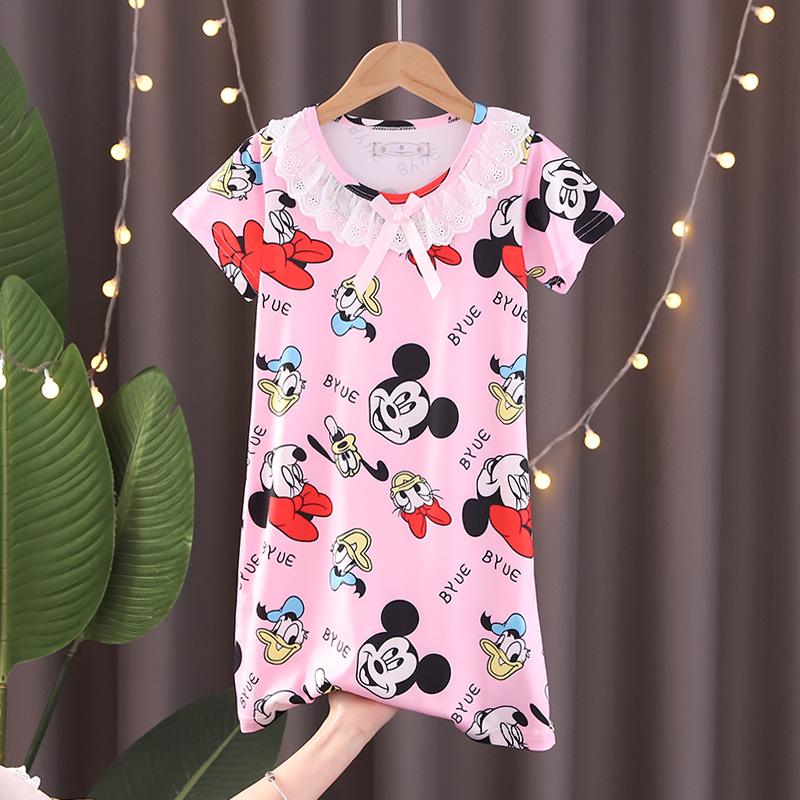 Girls' Summer Princess Lace Pajamas - Frozen Cartoon Nightgown with Short Sleeves KPOP Style Homewear