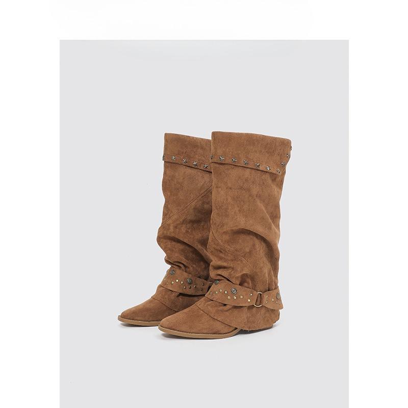 

Pointed-toe Retro Shoes, Trouser Boots, Autumn and Winter New Style, Thick-heeled Metal Buckle Boots 40 коричневий