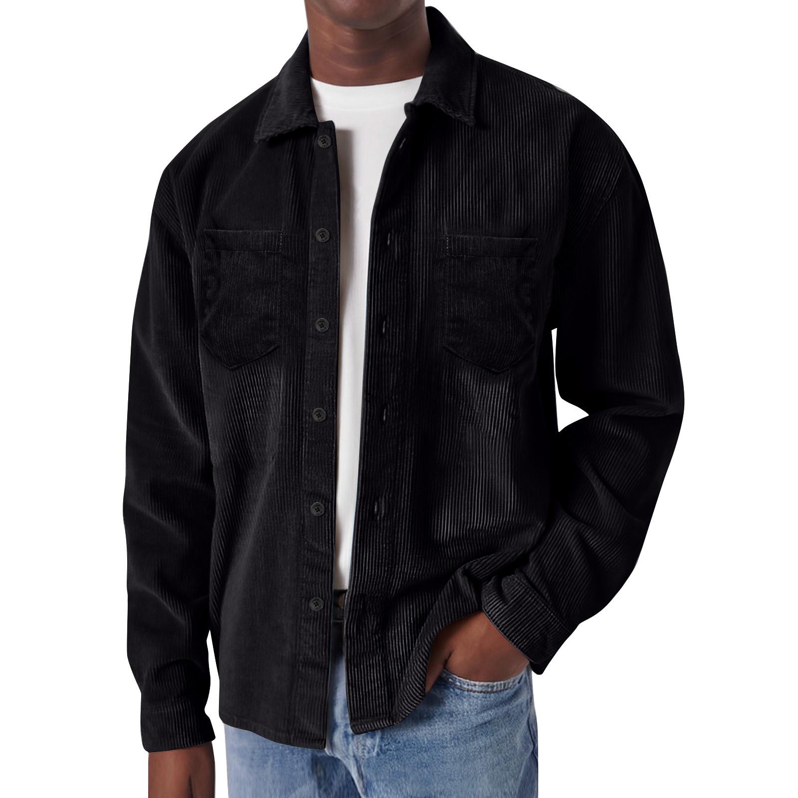 

Мужская полосатая вельветовая повседневная рубашка свободного кроя с лацканами на пуговицах и карманом, с длинным рукавом XL чёрный