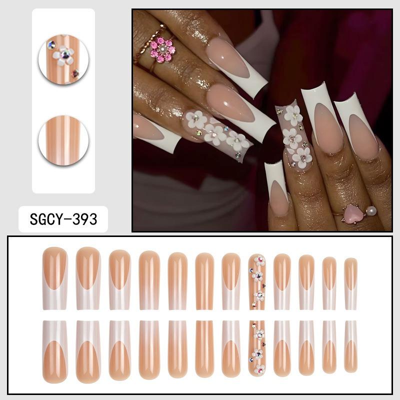 European and American long water pipes simple French fake nails gradual change flower colored diamonds cross-border wear armor Press on nails