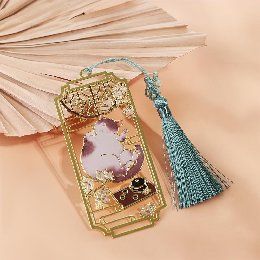 Cat Hollowed Cat Bookmark Flower Chinese Style Metal Reading Bookmark Creative Tassels Chinese Style Bookmarks