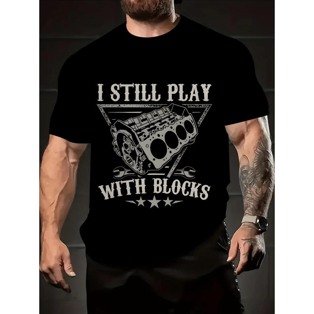 "I Still Play with Blocks" Engine Design,  Knit, Round Neck, Regular Fit, Party Style Tee for Automotive Enthusiasts