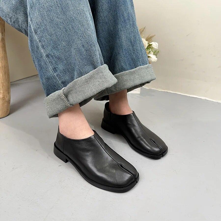 Johnature Düz Renk Hakiki Deri Topuklu İngiliz Tarzı Ayrık Toe Çok Yönlü Alçak Topuk Kadın Ayakkabı