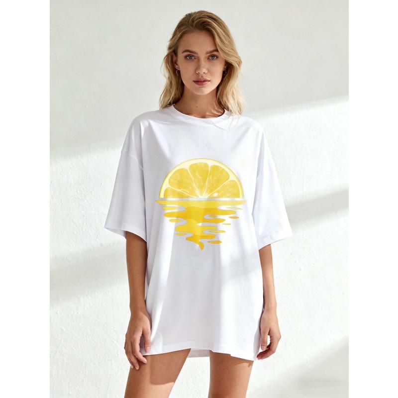 Black Oversized T Shirt Lemon Slice Water Reflection Print Summer Casual Wear