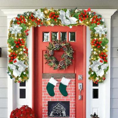 180CM Artificial Christmas Garland with Light Simulation Flower Holly Berry Red Balls Fake Rattan Mantle Fireplace Porch Indoor Outdoor Decoration