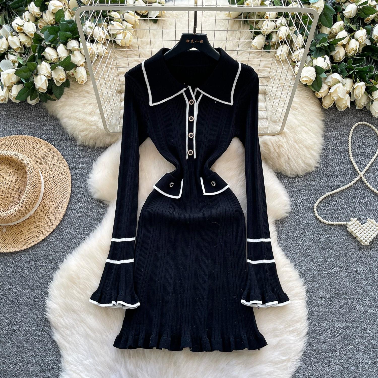 

Осень Зима Женский Элегантный Трикотажный Свитер с Отложным Воротником и Рукавами Клеш, Офисный Рабочий Мини Короткий Пуловер Платья One Size