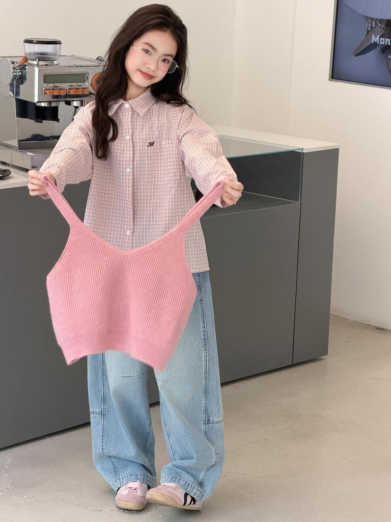 Adorable Girls' Spring Vest & Shirt 3-Piece Set - Korean Style for Older Children