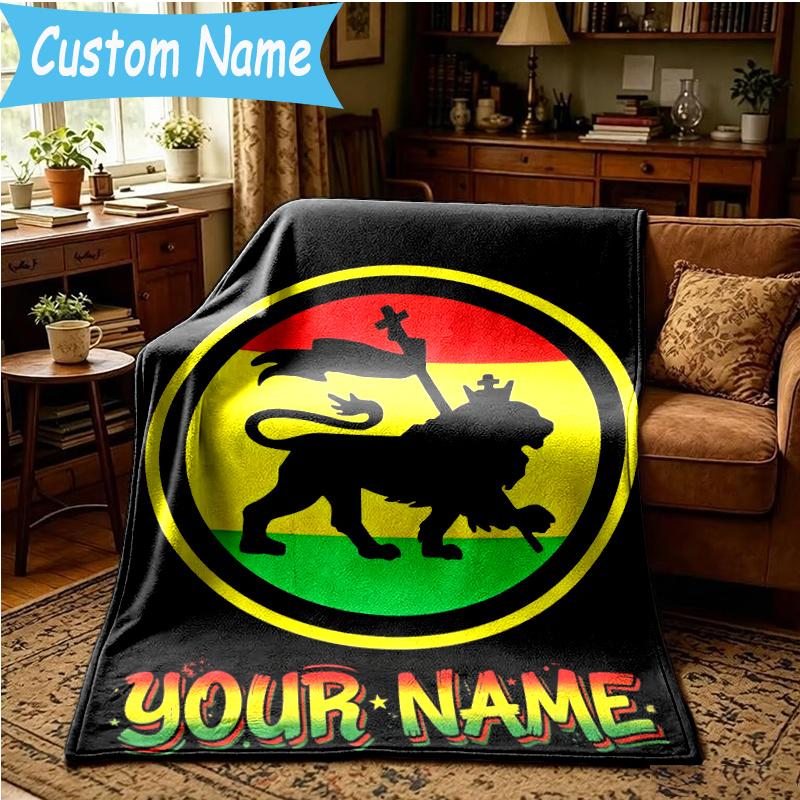 Custom Name Ethiopian Flag Lion Stars Blanket Flannel Blanket for Camping, Hiking, Garden Parties, Picnic Essentials,gift for family and friend