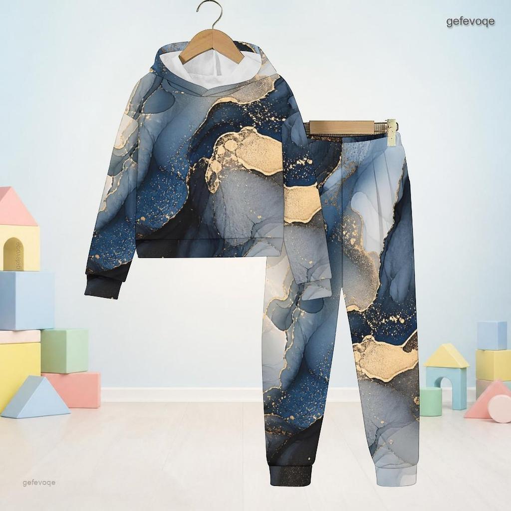 Boys Girls Black Floral Printed Hooded Long Sleeve Sweatshirt Cuffed Pants Two Piece Set