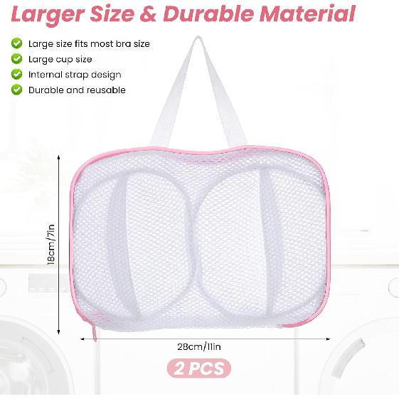 2 Pack Large Bra Laundry Bags for Washing Machine, Brassiere Wash Bags for Laundry, Lingerie Bag for Washing Delicates, Pink Bra Washer Protector