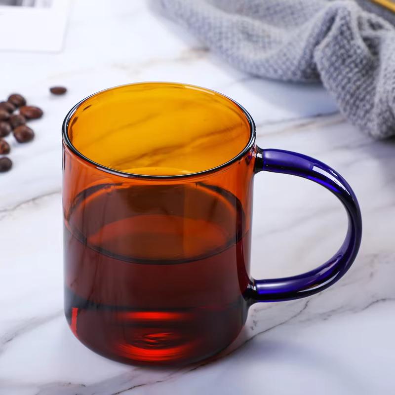 380ml Nordic Colored Glass Coffee Cup Heat Resistant Amber Blue Glass Mug with Handle for Tea Juice Water Household Use