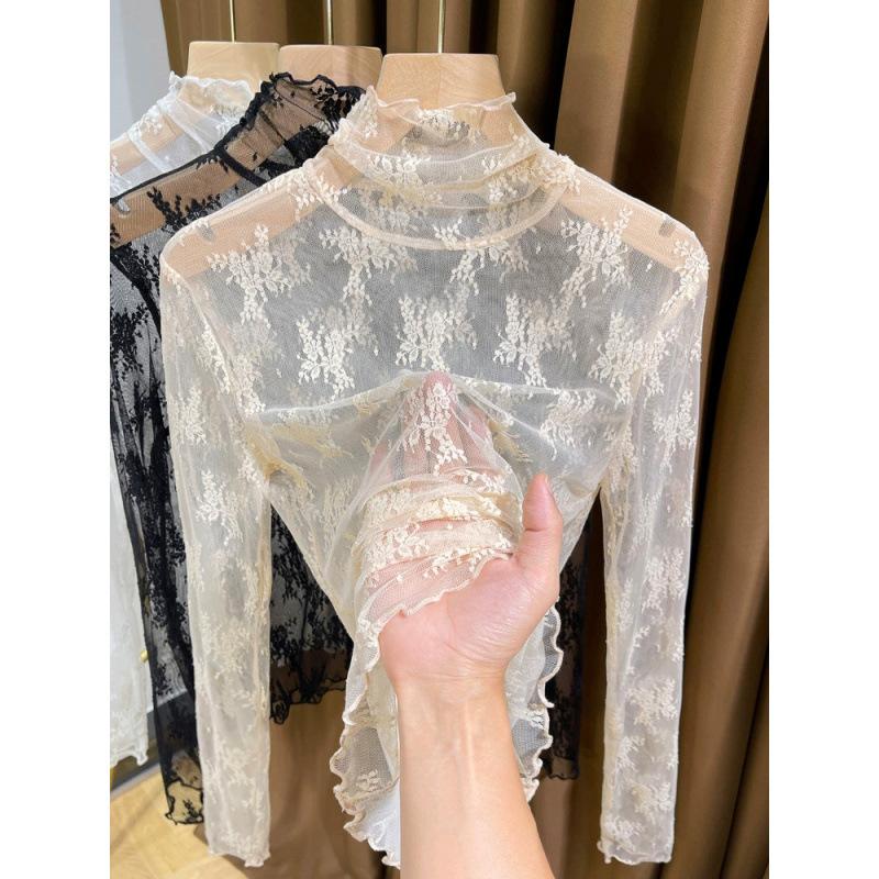 Lace turtleneck bottoming shirt women's autumn and winter, annual hollow thin mesh shirt with apricot long-sleeved top