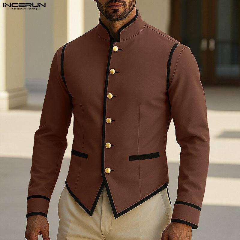 INCERUN Men Stand Neck Long Sleeve Stitching Casual Slim Thin Blazer Suit Coats
