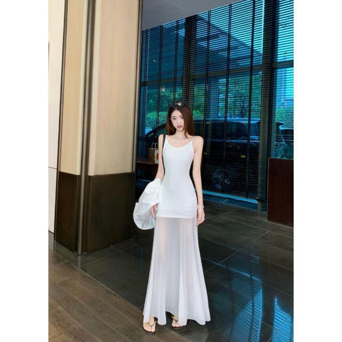 [] Human Cotton Splicing Mesh Splicing Suspender Dress Slim-fitting Long Skirt Waist-wrapped Hip A-word Skirt