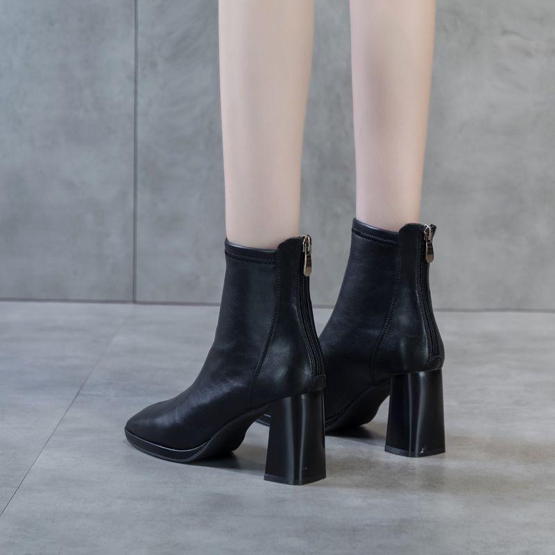 2025 Autumn and Winter New Soft Leather Short Boots British Style Square Head Thick Heel Elastic Thin Boots Female Internet Celebrity High Heel Women'