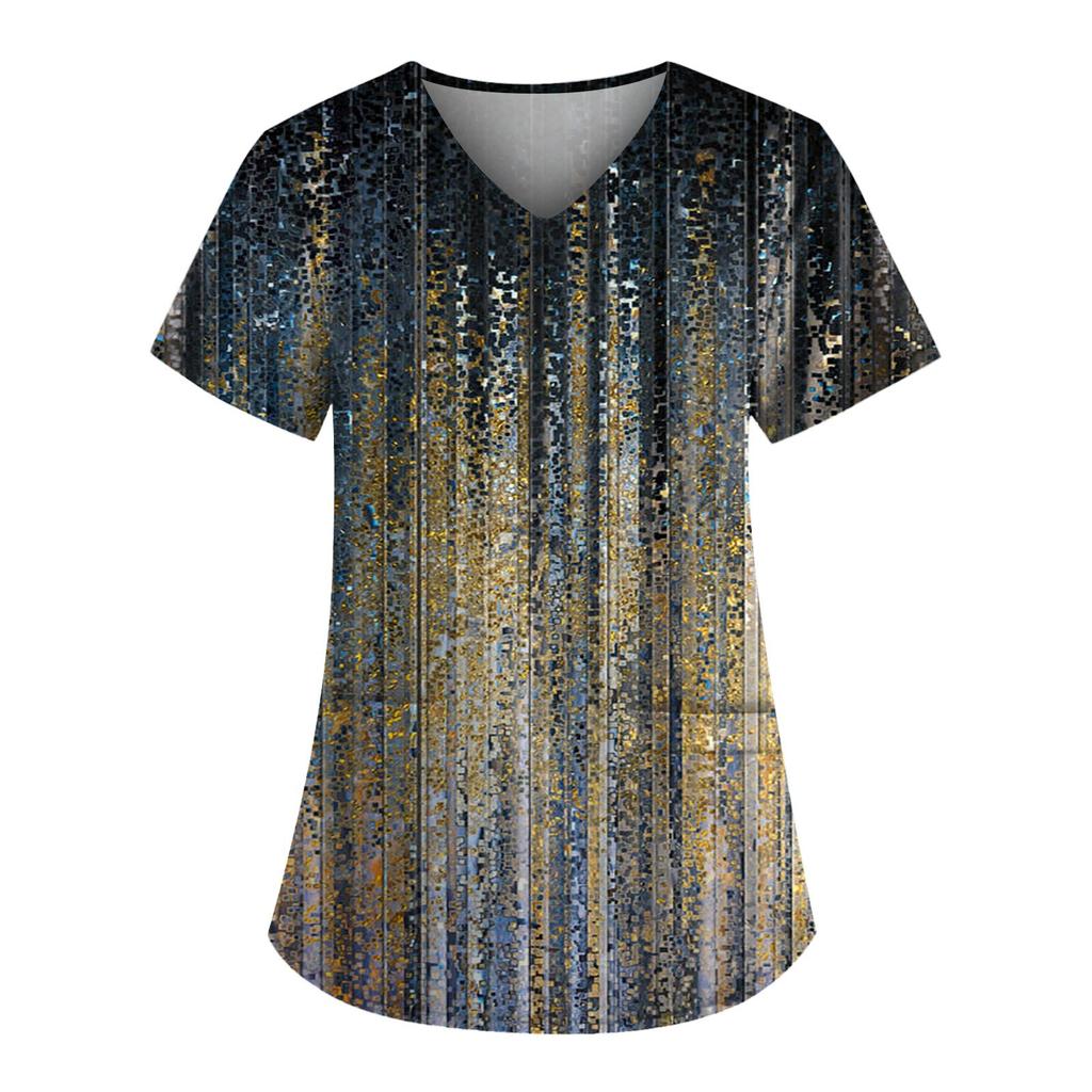 Plus Size niedlich bedruckte Peeling-Arbeitsuniform-Oberteile für Damen, V-Ausschnitt, kurze Ärmel, lustige T-Shirts, Arbeitskleidung, T-Shirt mit Taschen