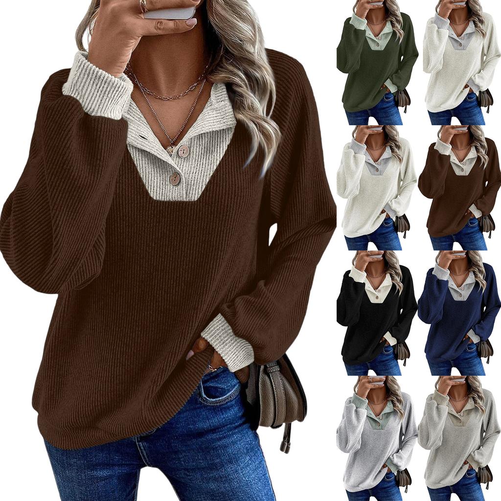 Women's Pullover Lapel Sweatshirt Fashionable Stitching Contrast Color Top
