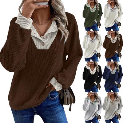 Damska bluza pulowerowa z klapą, modne szwy, kontrastowy kolorowy top