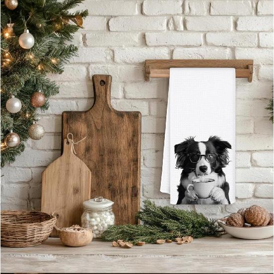 Funny Coffee Border Collie Kitchen Towels, Border Collie Gifts for Women Dish Tea Towels for Kitchen Decor, Dog Lover Gifts Hand Towels for Coffee