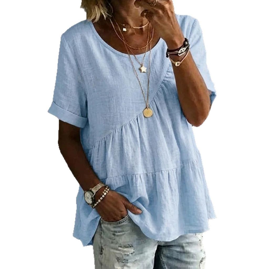 1116 European and American new women's casual and comfortable round neck solid color cotton and linen loose short sleeves
