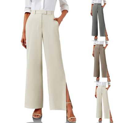 Women  Elastic High Waist Pant Casual Active  Fit Wide Leg Long Pants Trousers With Pockets