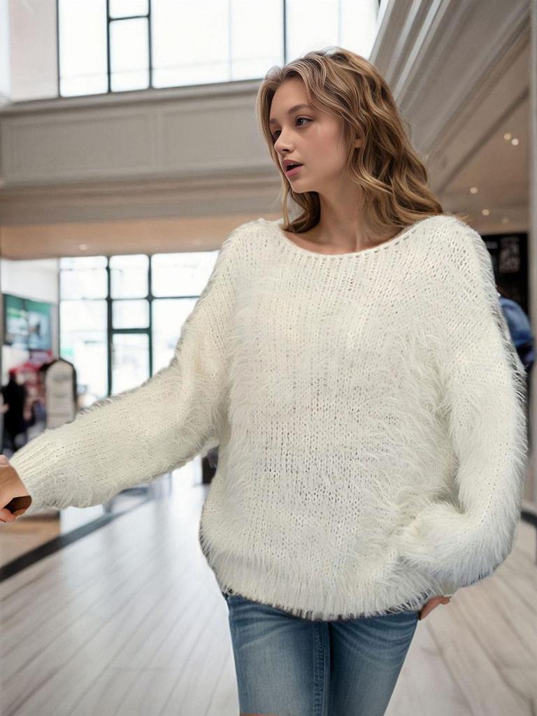 2025 Autumn/Winter Women's Faux Mink Long-Haired Knitted Sweater - Round Neck Fashion Pullover, Solid Color.
