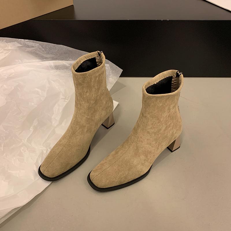 Women's Fleece-lined Small Leg Boots High Heel Korean Style Winter Shoes  New Autumn Short Boots Rubber Material