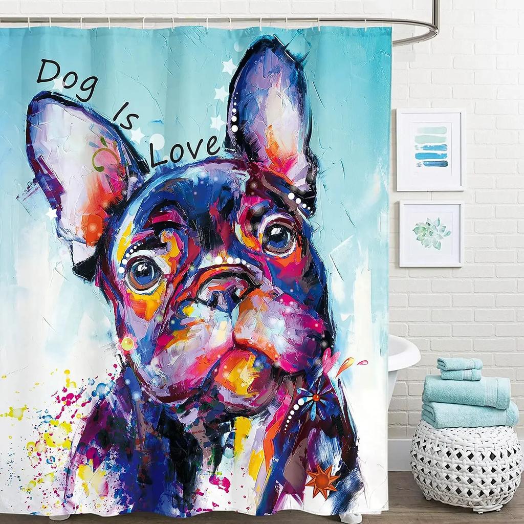 Funny Bulldog Fabric Shower Curtain Bear Deer Cow Forest Animal Vintage Style Polyester Fabric Art Shower Curtain Bathroom Decor