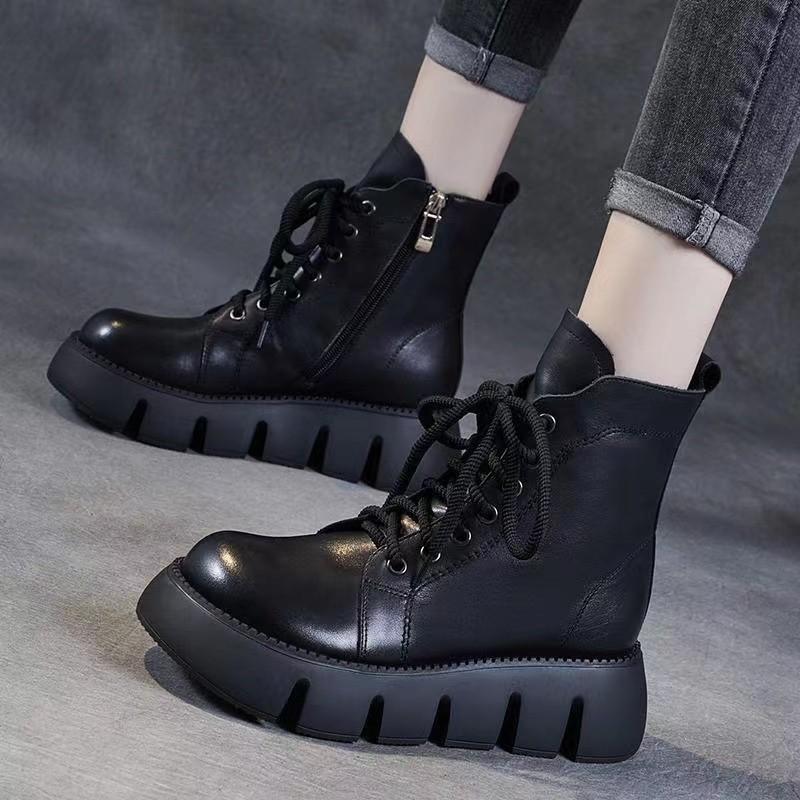Korean version of soft leather thick-soled Martin boots women's thin boots 2025 new autumn and winter short boots retro versatile knight boots