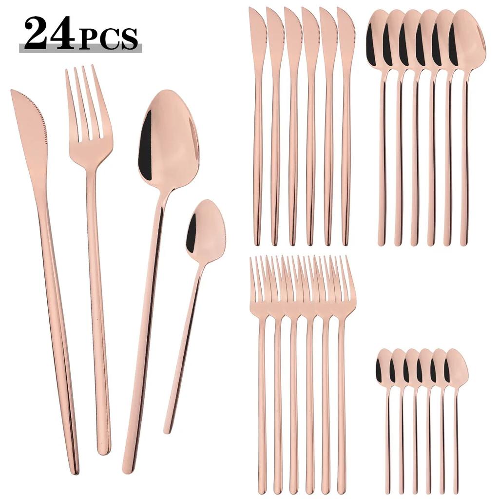 24pcs Black Mirror Dinnerware Set Knife Fork Coffee Spoon Cutlery Set Stainless Steel Flatware Western Party Kitchen Tableware