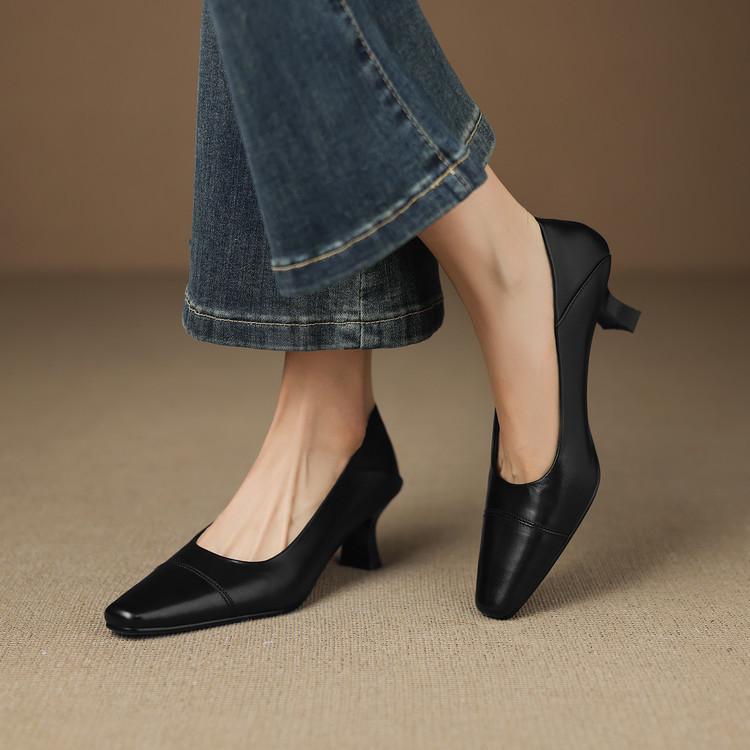 2025 new leather high heels women's cat heel small square head splicing leather shoes soft cowhide not tired feet commuter work shoes