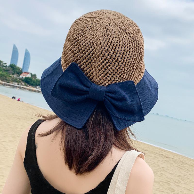 Sun hat large brim sun protection bucket hat foldable hollow splicing bow straw hat seaside vacation sun hat