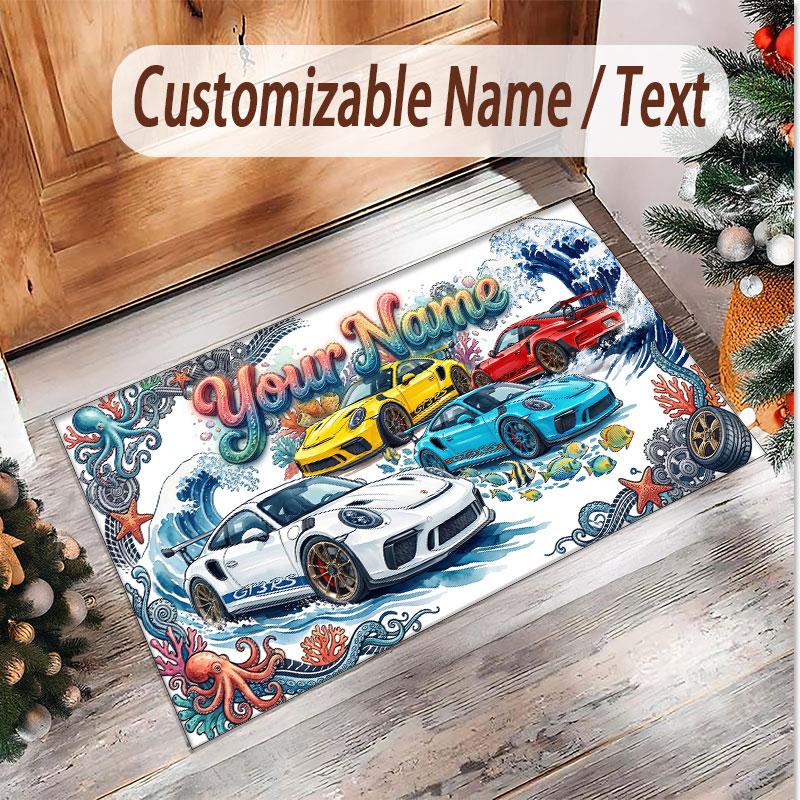 Car Racing Theme Soft Crystal Velvet Rug Custom Name & Text Print Non Slip Floor Rug for Bedroom Living Room