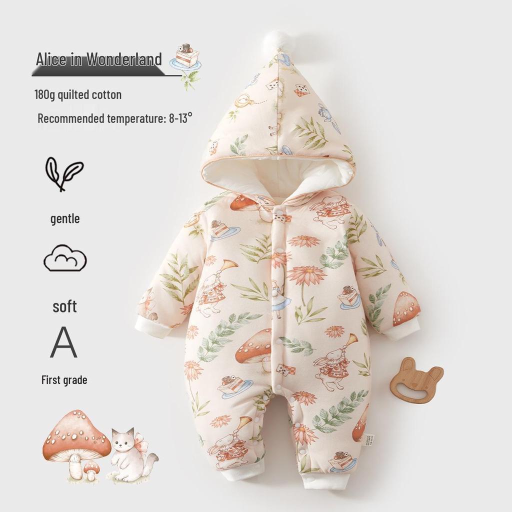 Winter Baby Romper: Thick Hooded Cotton Suit for Newborns, Ideal for Outings & Crawling