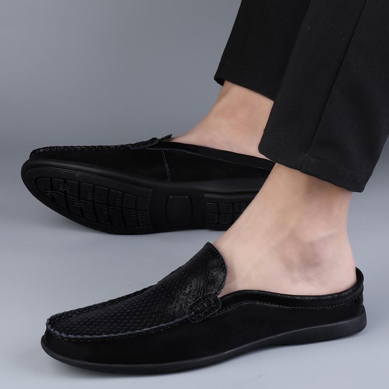 Fashion Classic Breathable Half Shoes Mens Hollow Out Genuine Leather Half Slippers Non-slip Mules Casual Outdoor Moccasins Flats Hombre
