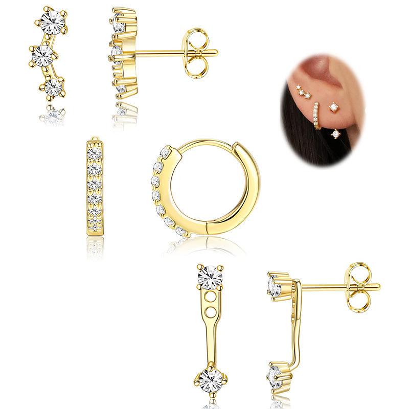 3 Pairs Cubic Zirconia Stacks Women's Stud Earrings Set Piercing Dainty Gold Plated Huggie Hoops CZ Earrings Jewelry Gifts