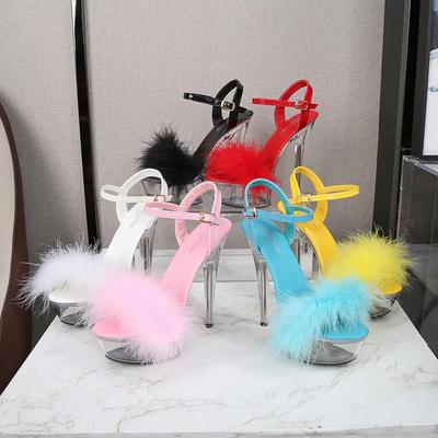 Fashion 2025 New 6 Color Feather Thick High Heels Platform Sandals Women 13cm 14.5cm Heels Shoes Female Summer Hair Wedding Pumps Shoes
