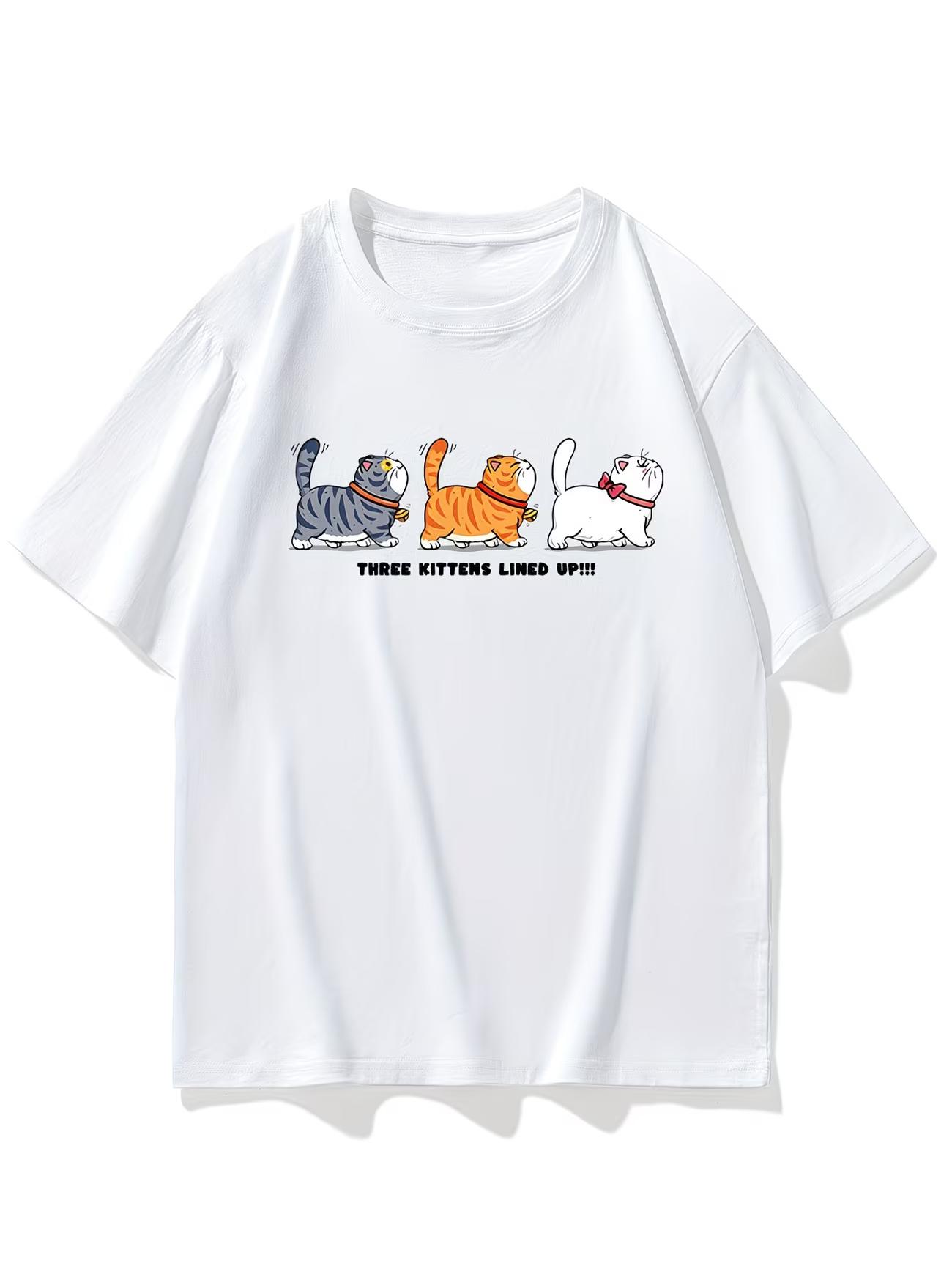 

Cute Three Kittens Lined Up T Shirt WOMEN Kawaii Cat Graphic Tee Funny Animal Print Summer Short Sleeve White Top for Cat Lovers S