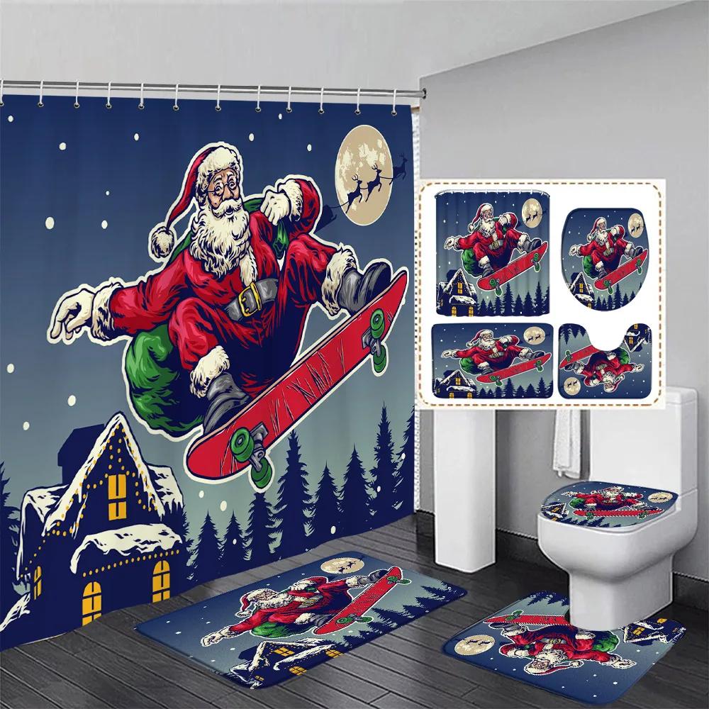 Funny Snowman Shower Curtain Set Xmas Ball Silver Pine Branches Gift Christmas Home Bathroom Decor Rug Bath Mat Toilet Lid Cover
