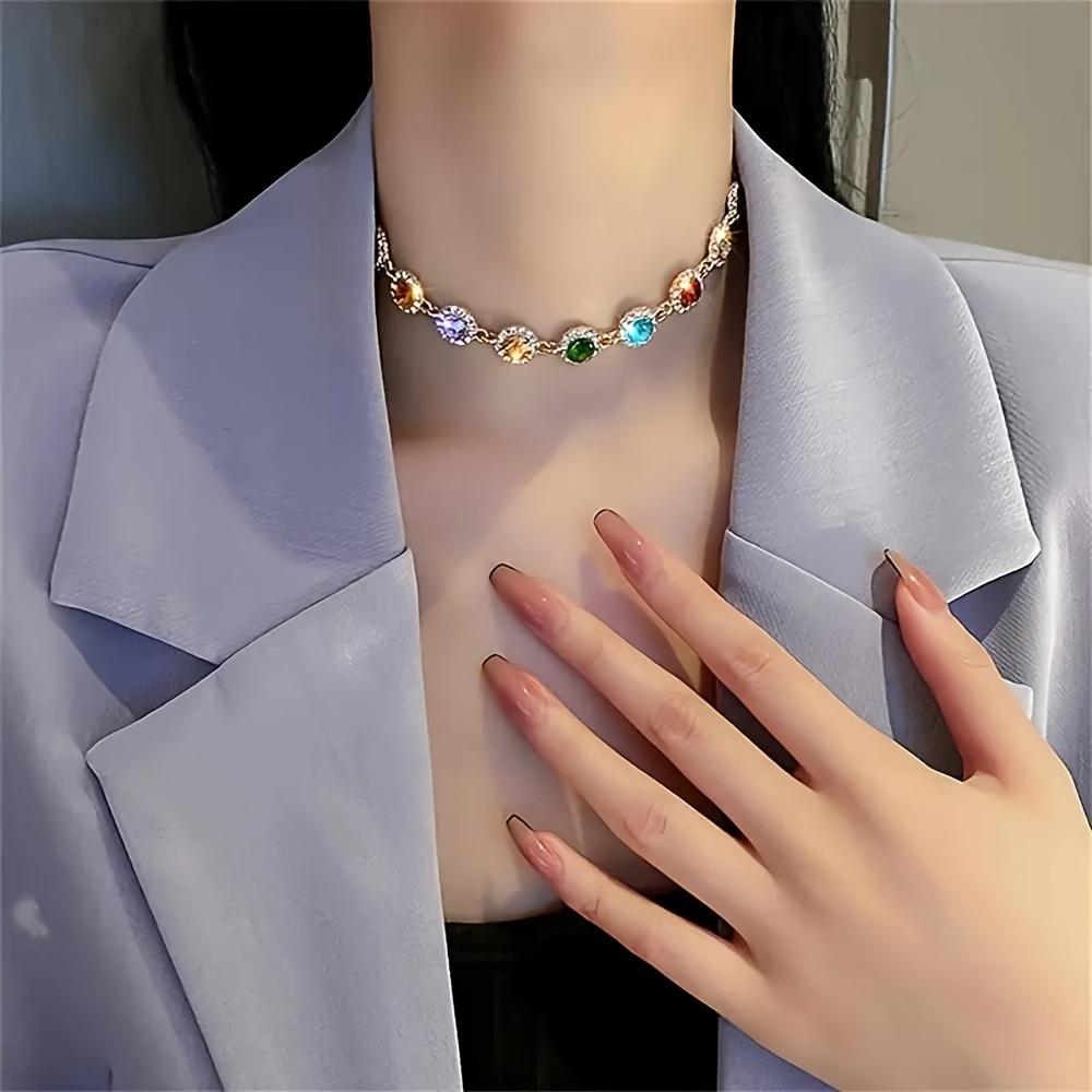Elegant Fashion Necklace Set, Sparkling Colorful Synthetic Gemstones, Women Daily Party Wedding Jewelry Gift