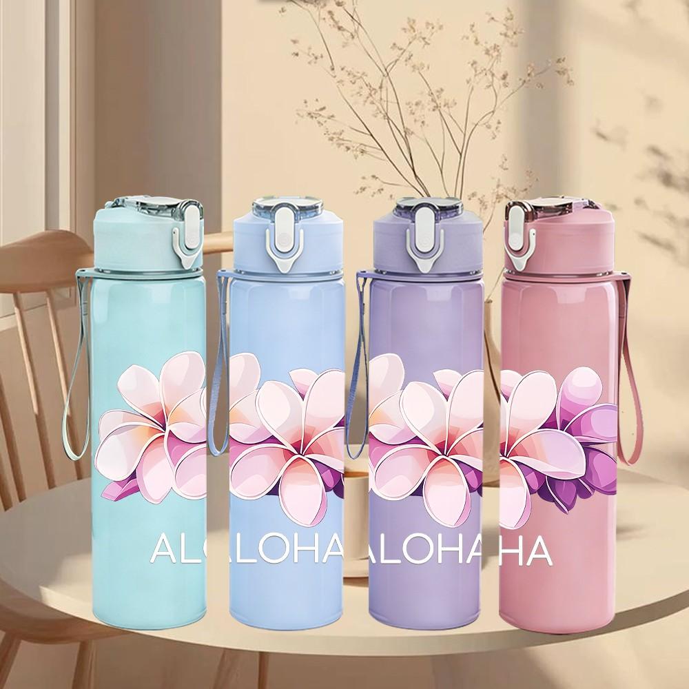 1PC Pink Plumeria Aloha Flower Print 750ml Color Plastic Sports Water Bottle Leakproof Flip Straw Lid Suitable for Sports Office Home Use