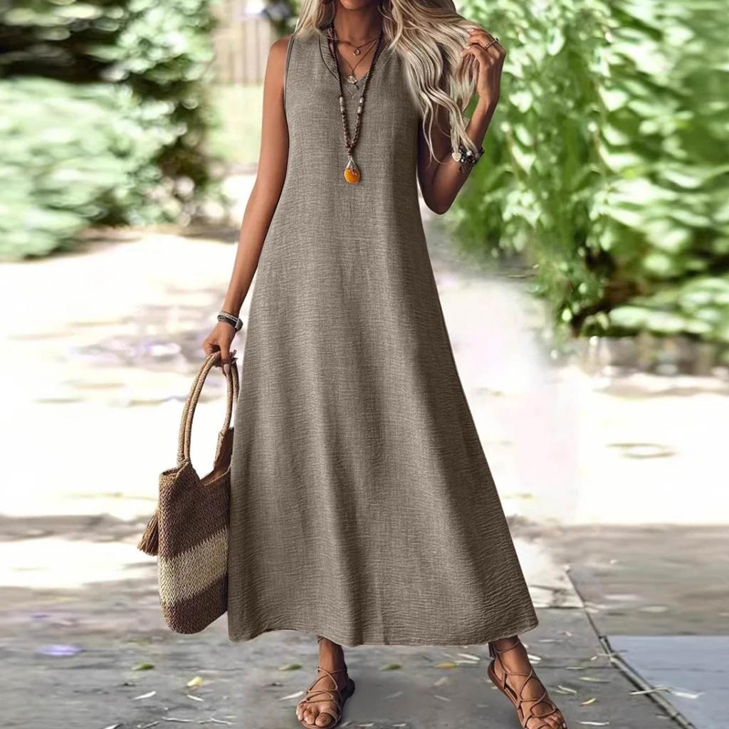 Women's Fashion V-Neck Sleeveless Solid Colour Zip Casual Holiday Long Cotton Linen Dresses