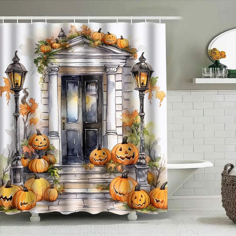 

Tuniu Watercolor Halloween Doorway Backdrop Shower Curtain Spooky Pumpkins & Autumn Leaves Design W60H190(CM)-1 Pcs