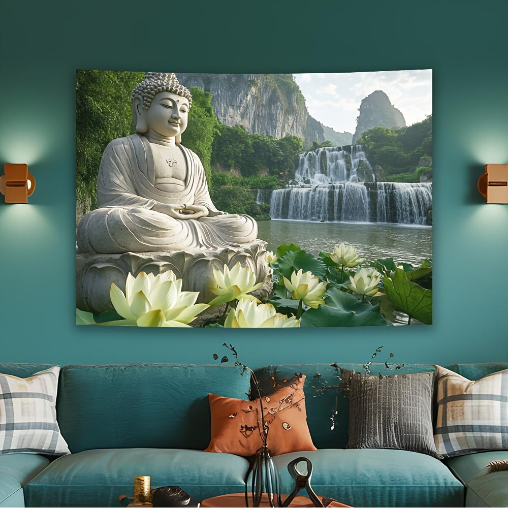 Serene Buddha with Waterfall and Lotus Tapestry Perfect for Adding Peaceful and Spiritual Style to Any Room Decorfor Home Use