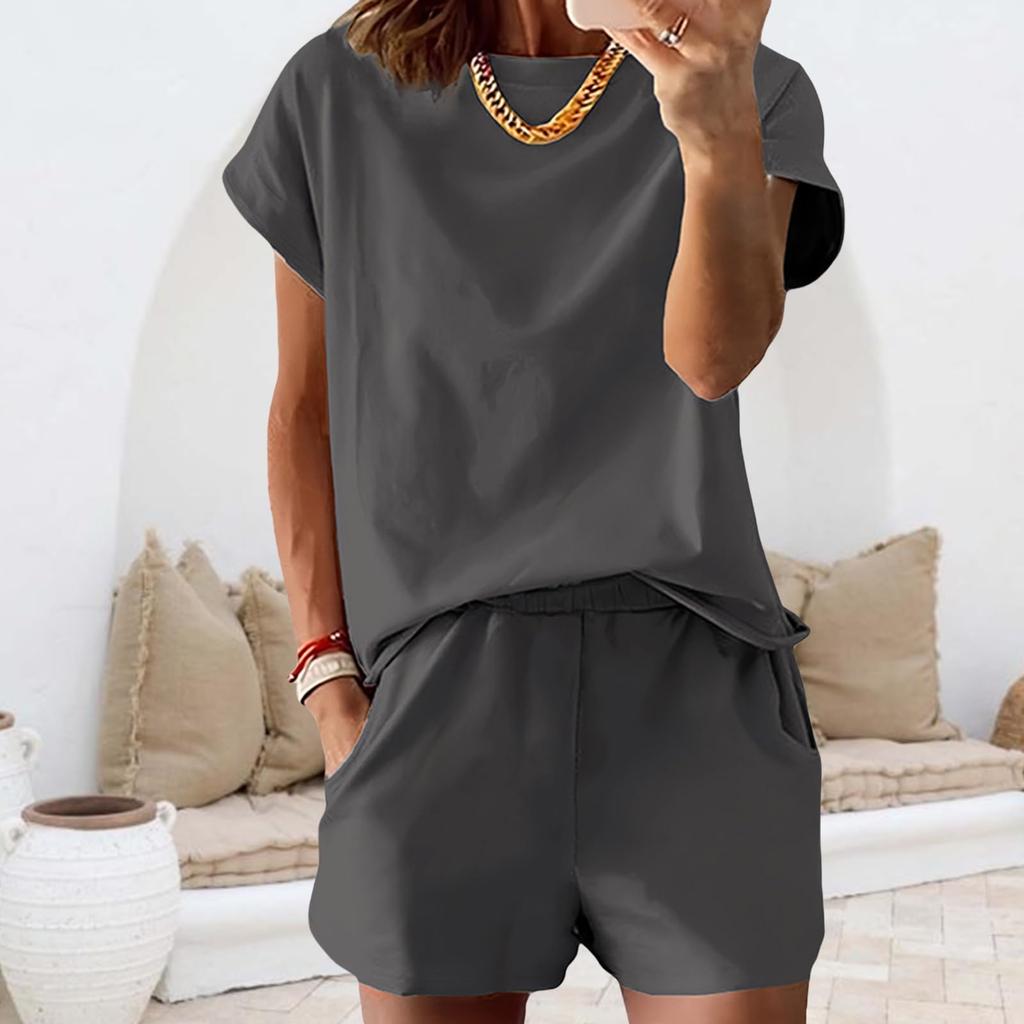 Completo Estivo da Donna a Maniche Corte con Tasche, Girocollo, Vestibilità Rilassata, Due Pezzi per l'Uso Quotidiano