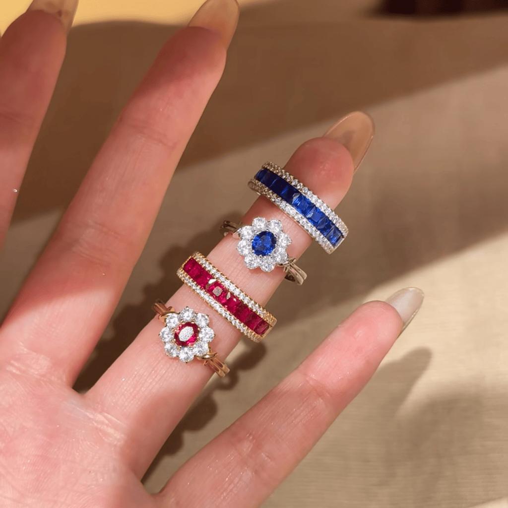 2026 High-end Weaving Design Blue Spinel Ring Light Luxury Red Corundum Earrings Colorful Treasure Set High Carbon Diamond Ear Buckle Women